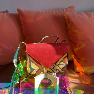 Red, Yellow, Green & Brown Print Purse with Tweed from Senegal